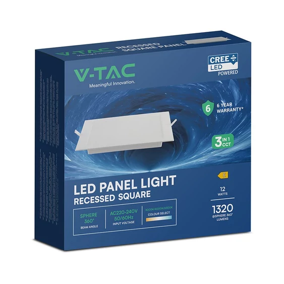 V-TAC CREE SMD süllyeszthető, műanyag IP20, négyzet LED panel 12W, CCT - SKU 104836