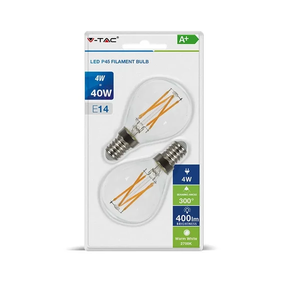 V-TAC 4W E14 meleg fehér filament LED égő csomag (2 db) - SKU 7366