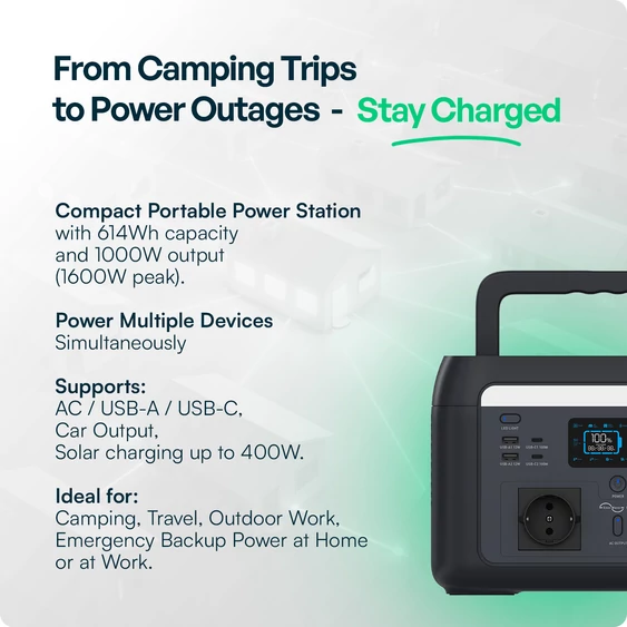 V-TAC hordozható áramfejlesztő, max. 1200W terheléshez, Napelemes töltési lehetőséggel - SKU 11443