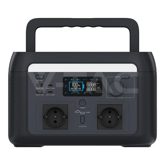 V-TAC hordozható áramfejlesztő, max. 1200W terheléshez, Napelemes töltési lehetőséggel - SKU 11443