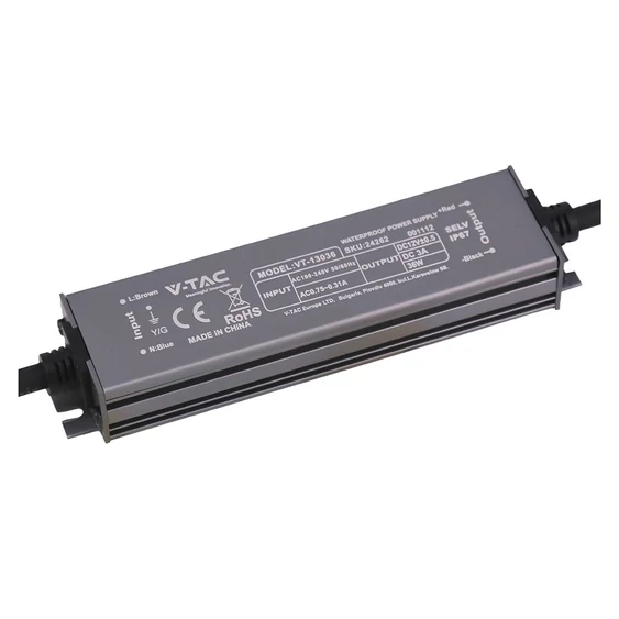 V-TAC IP67 slim fémházas LED tápegység 12V 36W 3A - SKU 24262