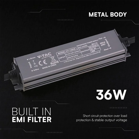 V-TAC IP67 slim fémházas LED tápegység 12V 36W 3A - SKU 24262