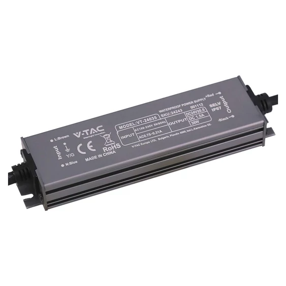 V-TAC IP67 slim fémházas LED tápegység 24V 36W 1.5A - SKU 24243