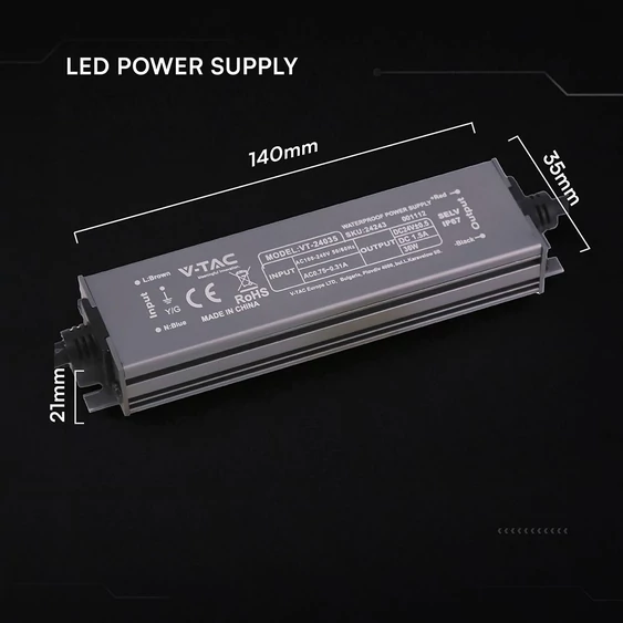 V-TAC IP67 slim fémházas LED tápegység 24V 36W 1.5A - SKU 24243