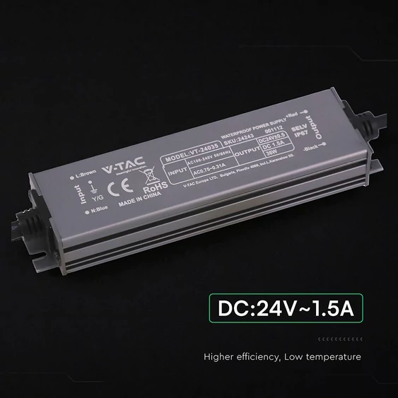 V-TAC IP67 slim fémházas LED tápegység 24V 36W 1.5A - SKU 24243
