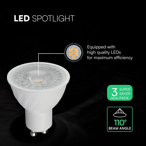 V-TAC GU10 LED spot égő 3 db/csomag 6W meleg fehér 110° - SKU 2119211