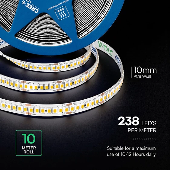 V-TAC CREE SMD LED szalag IP20, 2835 chip 238 db/m meleg fehér, CRI90 - SKU 2125996