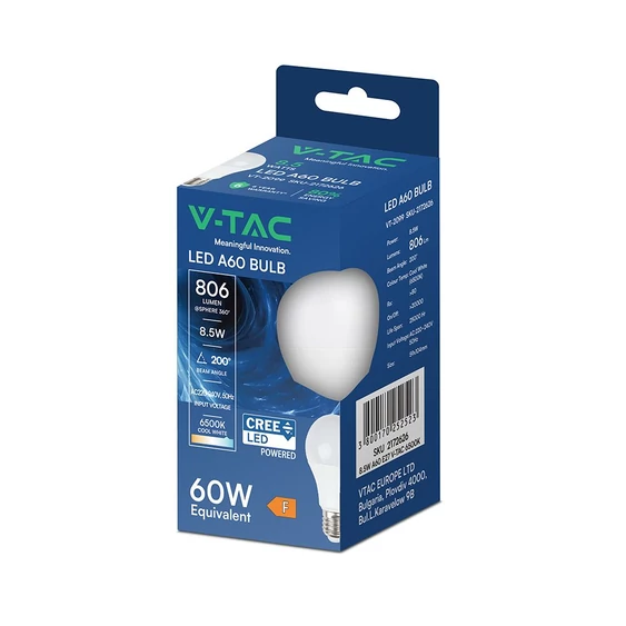 V-TAC CREE SMD 8.5W E27 hideg fehér A60 LED égő, 95 Lm/W - SKU 2172626
