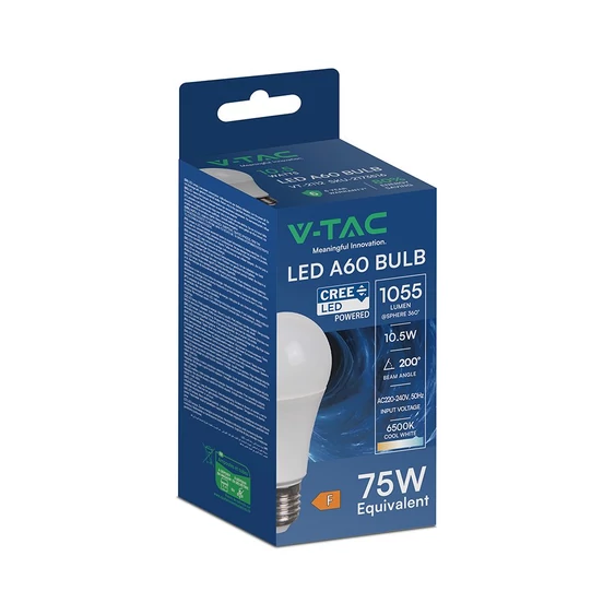 V-TAC CREE SMD 10.5W E27 hideg fehér A60 LED égő, 100 Lm/W - SKU 2173516