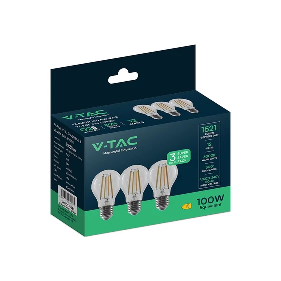 V-TAC 12W E27 meleg fehér filament A60 LED égő, 3 db/csomag - SKU 2174581