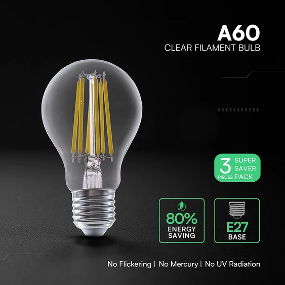 V-TAC 12W E27 meleg fehér filament A60 LED égő, 3 db/csomag - SKU 2174581
