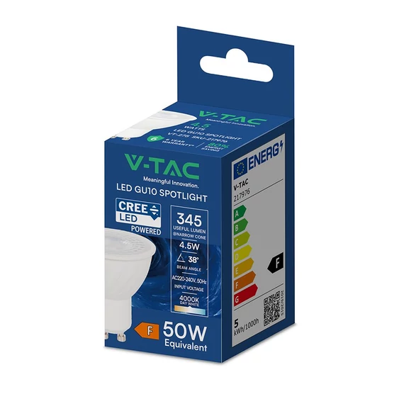 V-TAC GU10 LED spot égő 4.5W természetes fehér 38° - SKU 21797