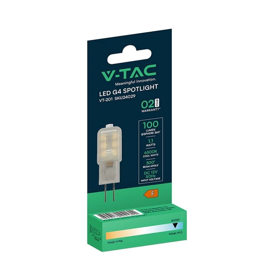 V-TAC G4 LED égő DC12V 1,1W hideg fehér - SKU 24029