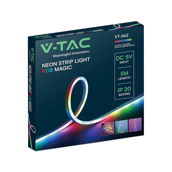 V-TAC 5V okos RGB neon futófény LED szalag szett IP20 SMD 30 db/m, távirányítóval - SKU 24050
