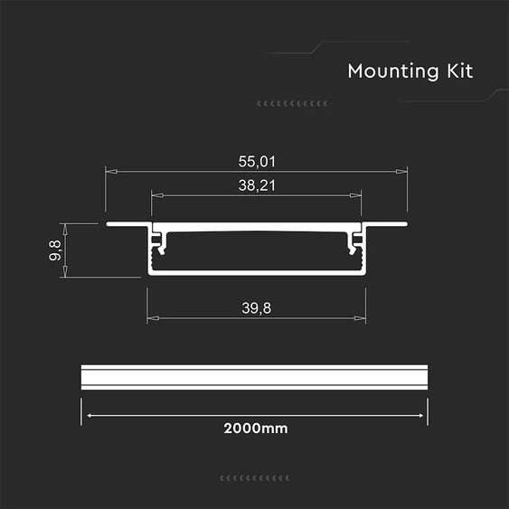 V-TAC süllyeszthető alumínium LED szalag profil fehér fedlappal 55x10mm, 2m hosszú - SKU 24101