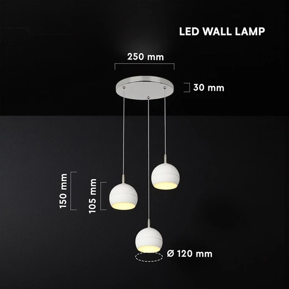 V-TAC mennyezeti dekoratív kerek 3x10W LED lámpatest, kerámia és fém, meleg fehér, fehér - SKU 24129