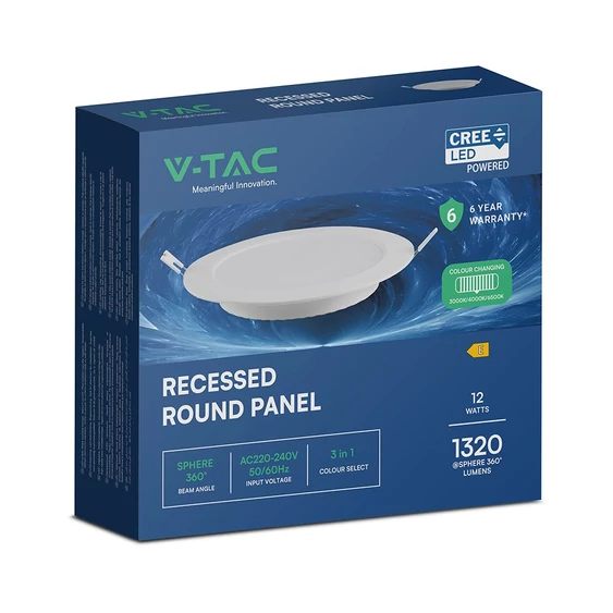 V-TAC CREE SMD süllyeszthető, műanyag, kerek LED panel 12W, CCT - SKU 78616
