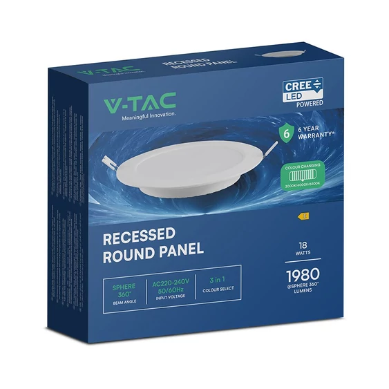 V-TAC CREE SMD süllyeszthető, műanyag, kerek LED panel 18W, CCT - SKU 78646