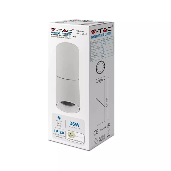 V-TAC GU10 LED forgatható falon kívüli lámpatest, fehér, tartozék GU10 foglalattal, 20 cm - SKU 8946