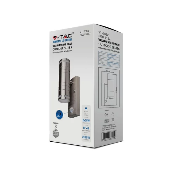 V-TAC kültéri, fali lámpa, 2xGU10 foglalattal, mozgásérzékelővel - SKU 5157