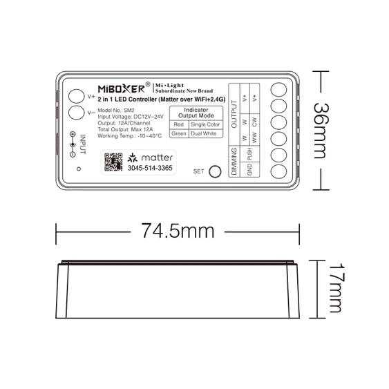MiLight Smart 2in1 zónázható rádiófrekvenciás + Matter over WiFi vezérlő, 2 csatornás - SM2