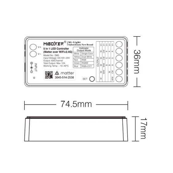 MiLight Smart 5in1 zónázható rádiófrekvenciás + Matter over WiFi vezérlő, 5 csatornás - SM5