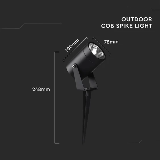V-TAC 10W COB LED alumínium leszúrható lámpa, fekete házzal, meleg fehér - SKU 24004