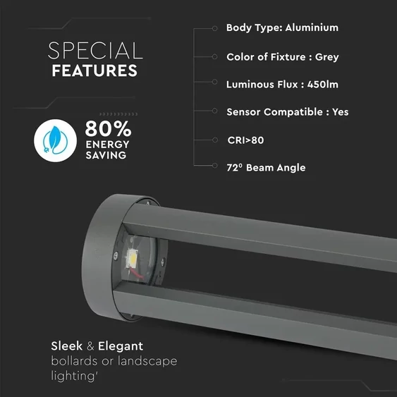V-TAC 10W kültéri LED lámpa oszlop 80 cm, hideg fehér, szürke házzal - SKU 8330