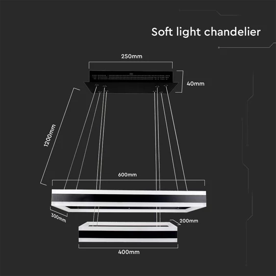 113W LED Dimmable Soft Light Chandelier, 3000K, Square Black body