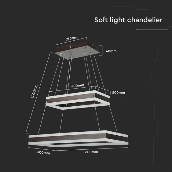 113W LED Dimmable Soft Light Chandelier, 3000K, Square Coffee brown body