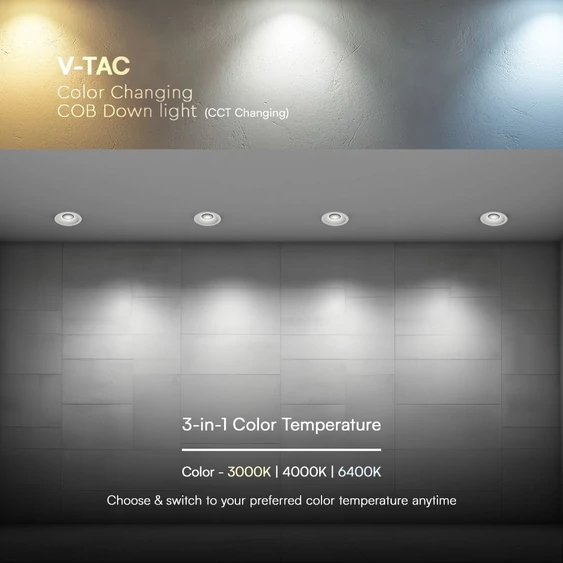 V-TAC COB LED 12W CCT méhsejt diffúzoros mélysugárzó, fehér, BridgeLUX chipes - SKU 23672