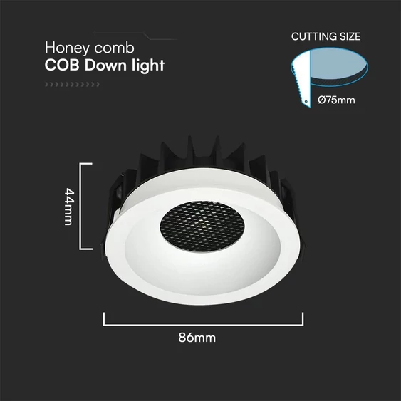 V-TAC COB LED 12W CCT méhsejt diffúzoros mélysugárzó, fehér, BridgeLUX chipes - SKU 23672