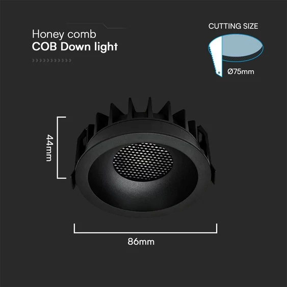 V-TAC COB LED 12W CCT méhsejt diffúzoros mélysugárzó, fekete, BridgeLUX chipes - SKU 23671