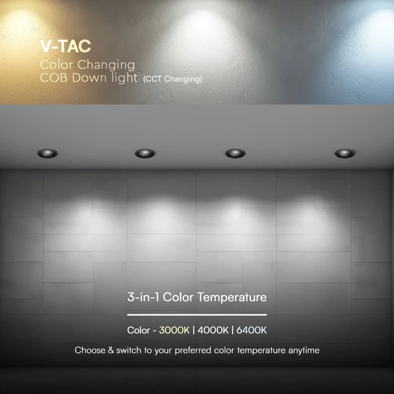 V-TAC COB LED 12W CCT méhsejt diffúzoros mélysugárzó, fekete, BridgeLUX chipes - SKU 23671