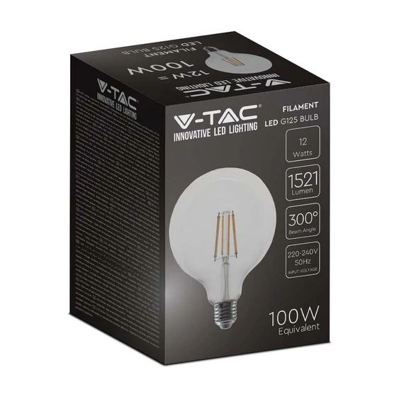 V-TAC 12W E27 hideg fehér filament G125 LED égő, 125 Lm/W - SKU 217455