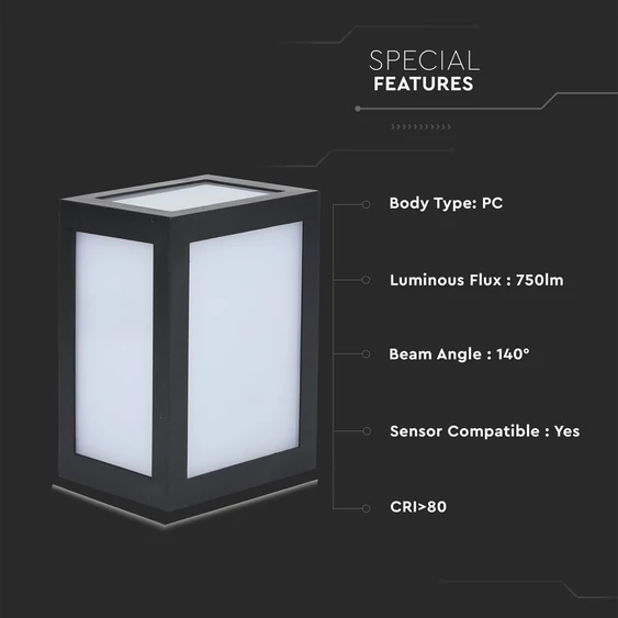 12W LED Wall Light Black Body 3000K