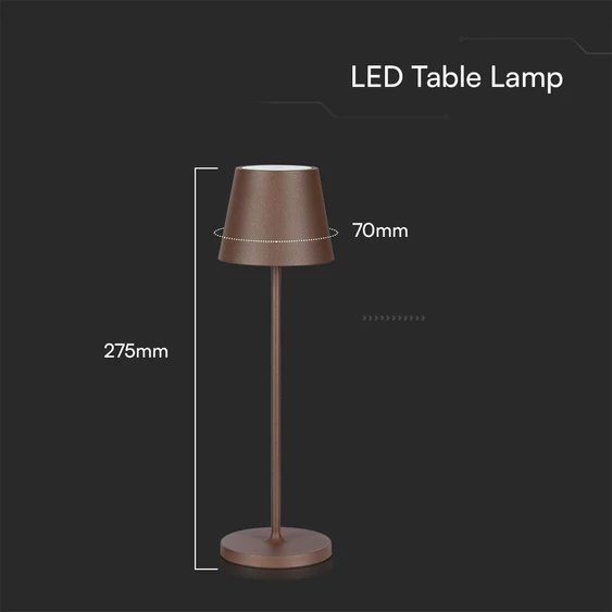 V-TAC 1.5W Corten barna, töltőtalpas akkumulátoros LED lámpa,IP54, meleg fehér - SKU 23446