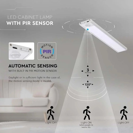 V-TAC 1.5W, 2in1 akkumulátoros LED bútorvilágítás, természetes fehér, ezüst házzal, 30 cm - SKU 2958