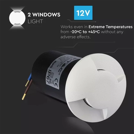 V-TAC 1W 12V kültéri, 2 irányú talajlámpa, fehér, IP67 90°, hideg fehér - SKU 1467
