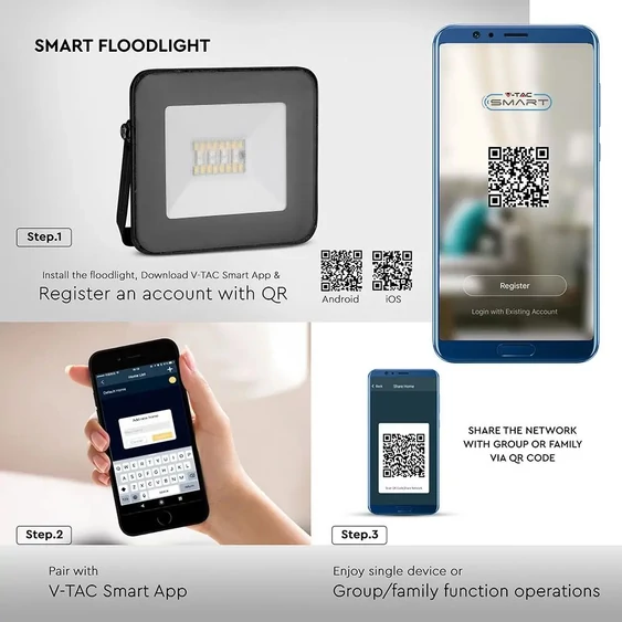 V-TAC 20W, fekete, bluetooth-os okos LED reflektor, RGB+CCT - SKU 5985