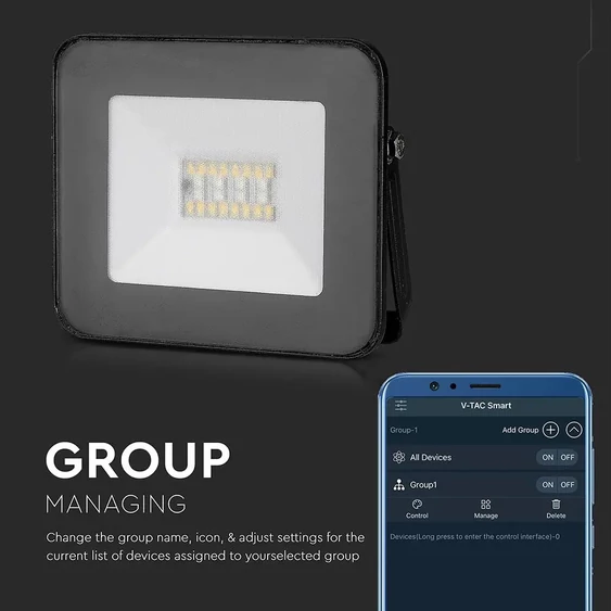 V-TAC 20W, fekete, bluetooth-os okos LED reflektor, RGB+CCT - SKU 5985