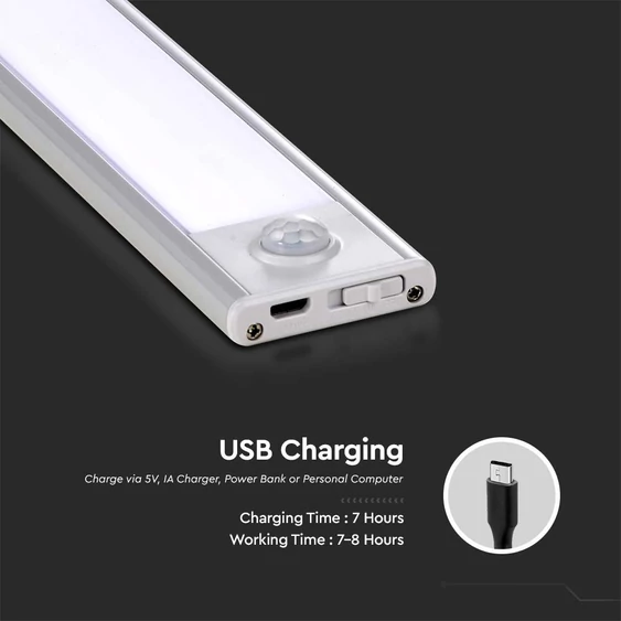 V-TAC 2.5W, 2in1 akkumulátoros LED bútorvilágítás, meleg fehér, ezüst házzal, 60 cm - SKU 2969