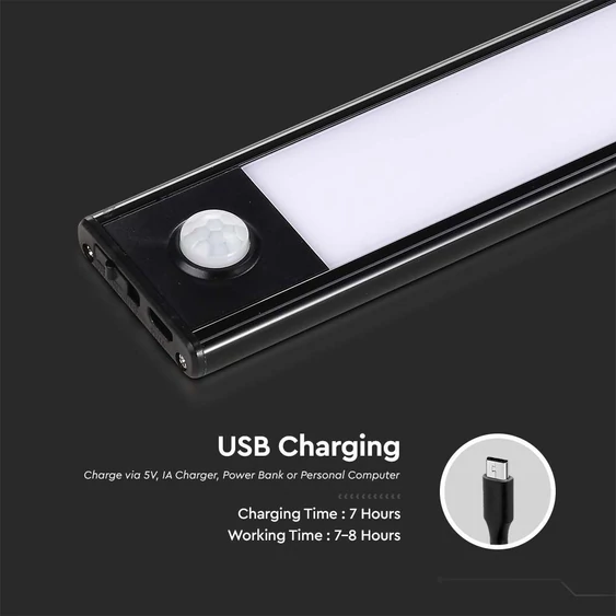V-TAC 2.5W 2in1 akkumulátoros LED bútorvilágítás, természetes fehér, fekete házzal, 60 cm - SKU 2967
