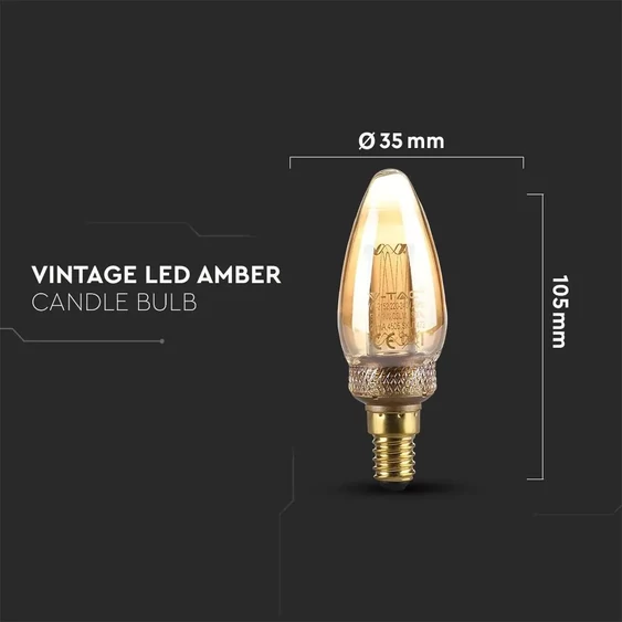 V-TAC 2W borostyán E14 meleg fehér filament LED gyertya égő - SKU 7472