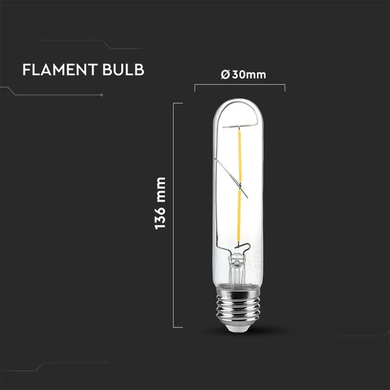 V-TAC 2W E27 meleg fehér T30 filament LED égő, 100 Lm/W - SKU 217251