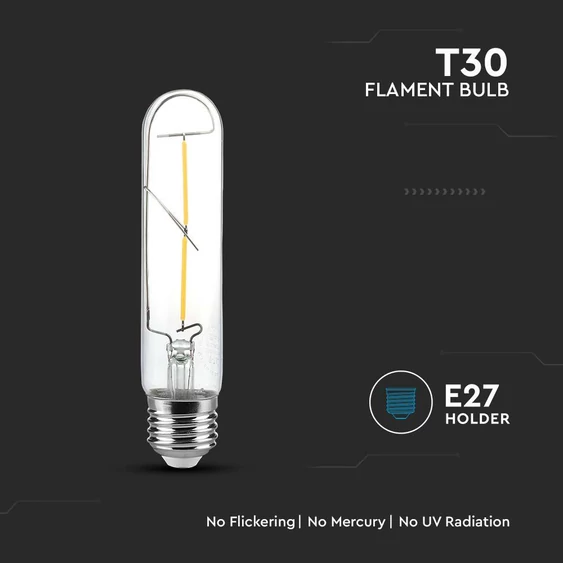 V-TAC 2W E27 meleg fehér T30 filament LED égő, 100 Lm/W - SKU 217251