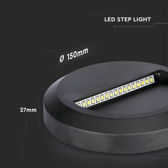 V-TAC 2W fekete LED lépcsővilágítás, kerek, IP65, meleg fehér - SKU 211317
