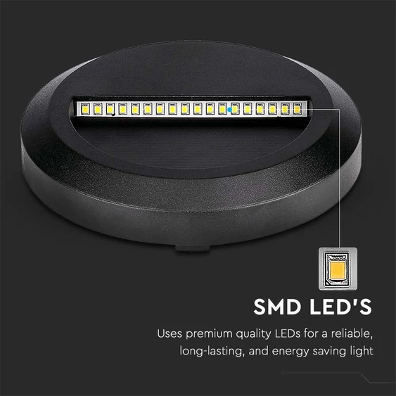 V-TAC 2W fekete LED lépcsővilágítás, kerek, IP65, természetes fehér - SKU 211316