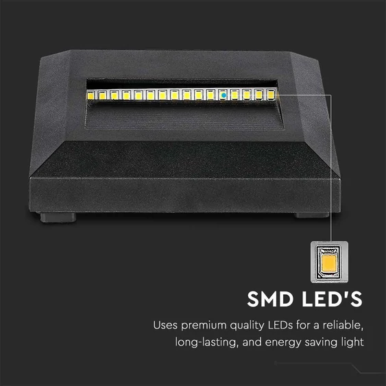 V-TAC 2W fekete LED lépcsővilágítás, szögletes, IP65, meleg fehér - SKU 211323