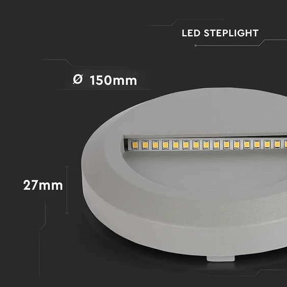 V-TAC 2W szürke LED lépcsővilágítás, kerek, IP65, meleg fehér - SKU 1319